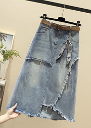 Modern Light Blue High Waist Asymmetrical Sashes Pendant Pockets Cotton Denim Skirt Summer