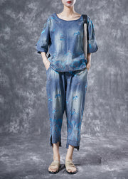 Modern Light Blue O-Neck Embroidered Denim Two Piece Suit Set Summer