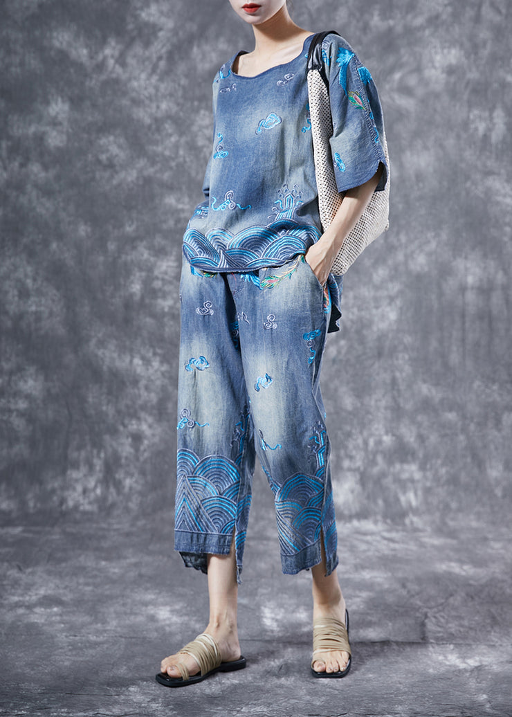 Modern Light Blue O-Neck Embroidered Denim Two Piece Suit Set Summer
