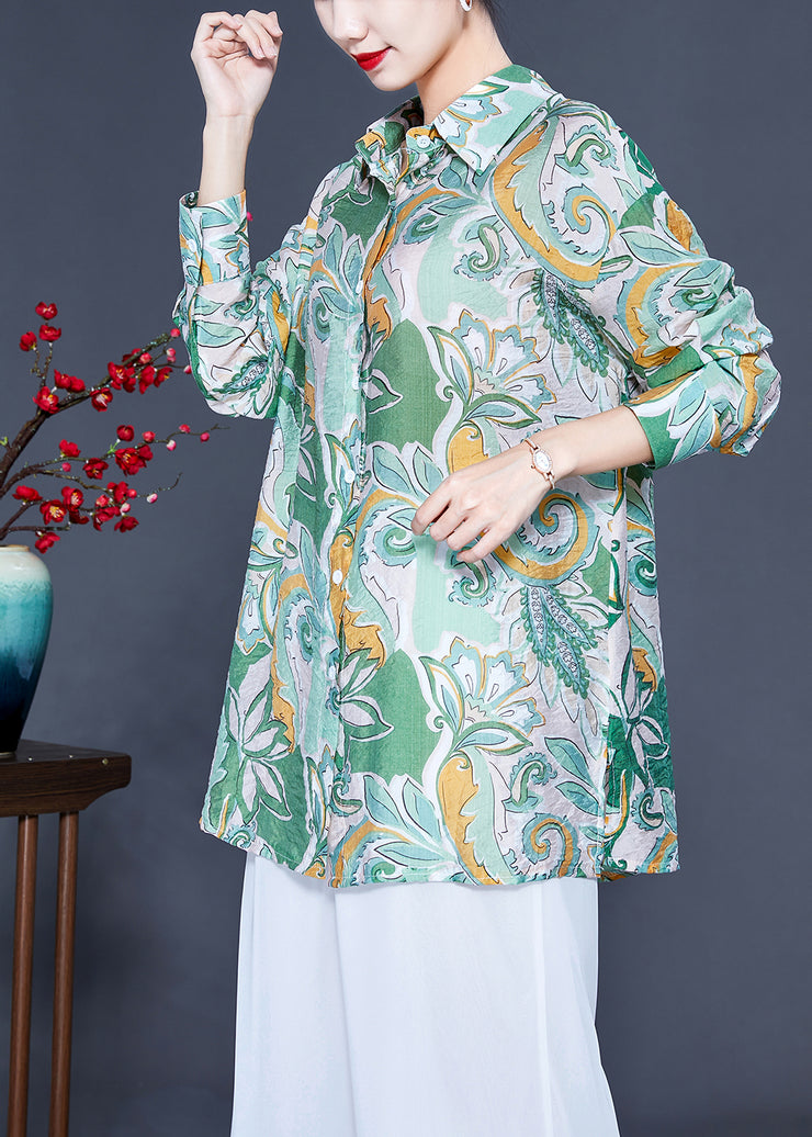 Modern Light Green Oversized Print Silk Shirt Tops Spring