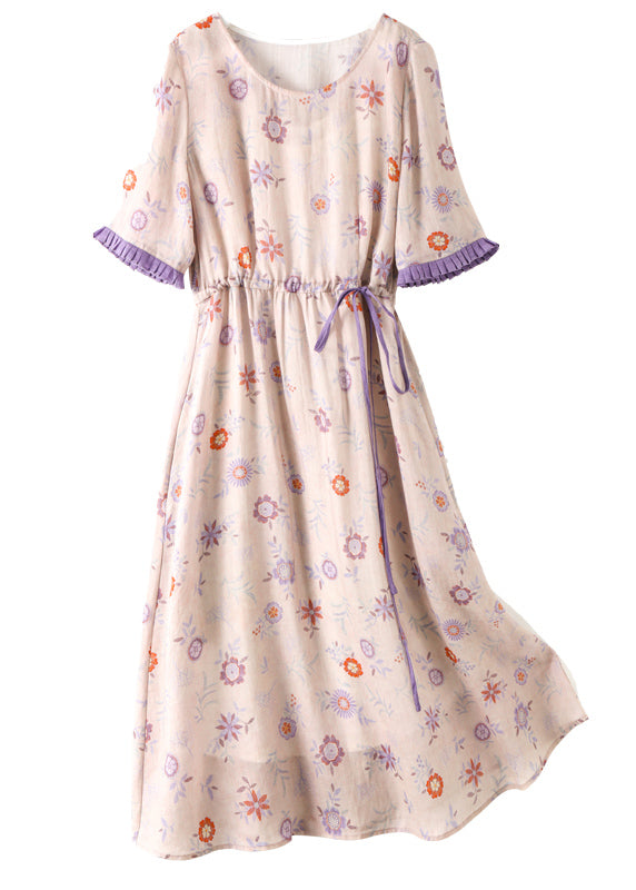 Modern Light Purple O-Neck Drawstring Print Linen Party Dress Short Sleeve
