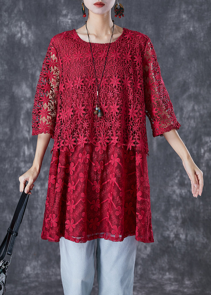 Modern Mulberry Hollow Out Patchwork Lace Blouse Tops Summer