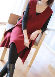 Modern Mulberry V Neck Asymmetrical Design Knit Long Vests Spring