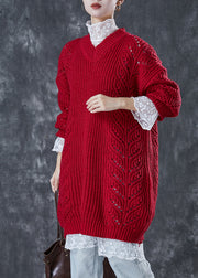 Modern Mulberry V Neck Hollow Out Cable Knit Sweater Dress Winter