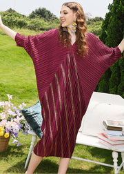 Modern Mulberry V Neck Striped Wrinkled Maxi Dresses Fall