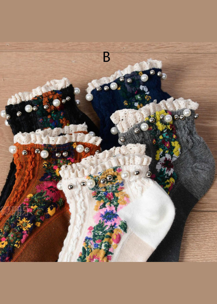 Modern Nail bead Ruffles Floral Cotton Ankle Socks