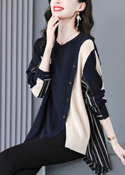 Modern Black Beige Asymmetrical Patchwork Striped Knit Shirt Tops Long Sleeve
