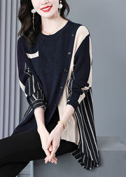 Modern Black Beige Asymmetrical Patchwork Striped Knit Shirt Tops Long Sleeve