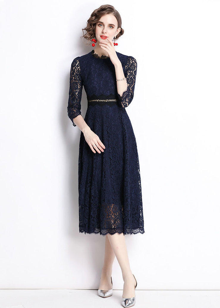 Modern Navy Embroidered Hollow Out Lace Long Dresses Bracelet Sleeve