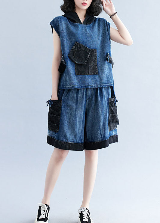 Modern Navy Hooded Pockets Tops And Pants Denim Two Pieces Set Summer