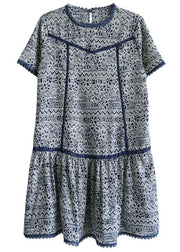 Modern Navy O-Neck Print Summer Chiffon Dresses Short Sleeve - SooLinen