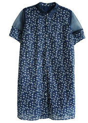 Modern Navy Peter Pan Collar Button Patchwork Tulle Summer Dresses Short Sleeve - SooLinen