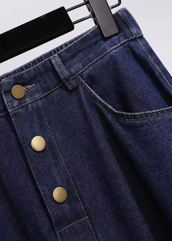 Modern Navy Pockets Button High Waist Patchwork Denim Skirt Summer
