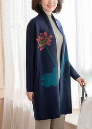 Modern Navy Pockets Floral Print Woolen Cardigans Long Sleeve