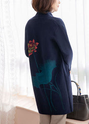 Moderne Woll-Cardigans mit langen Ärmeln und Taschen in Marineblau mit Blumendruck