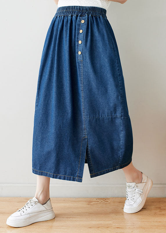 Modern Navy Wrinkled Pockets Elastic Waist Patchwork Denim Skirts Summer