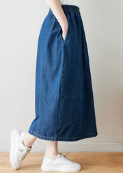 Modern Navy Wrinkled Pockets Elastic Waist Patchwork Denim Skirts Summer