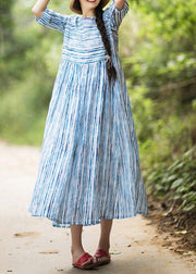 Modern O Neck Patchwork Summer Dress Sewing Blue Striped Maxi Dresses - SooLinen