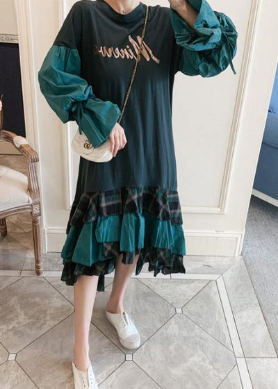Modern O Neck Ruffles Spring Tunic Pattern Work Outfits Green Letter Plus Size Dresses - SooLinen