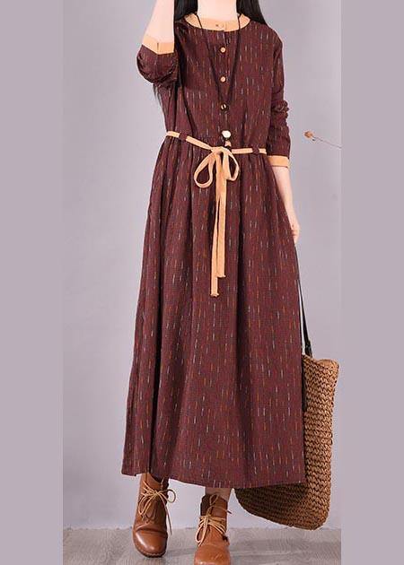Modern O Neck Tie Waist Spring Wardrobes Shirts Burgundy Striped Dresses - SooLinen