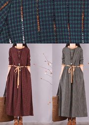 Modern O Neck Tie Waist Spring Wardrobes Shirts Burgundy Striped Dresses - SooLinen