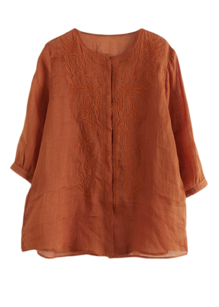 Modern Orange Embroidered Linen Shirts Bracelet Sleeve