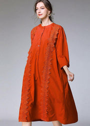 Modern Orange Embroideried Patchwork Fall Cotton Vacation Dress Three Quarter Sleeve - SooLinen