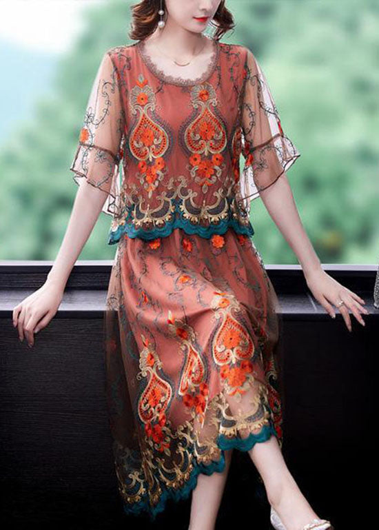 Modern Orange Embroidered Patchwork Tulle Dresses Summer