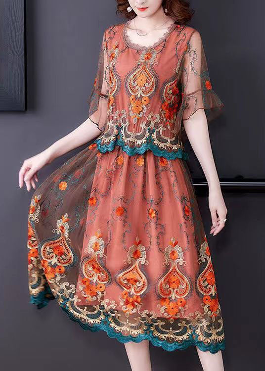 Modern Orange Embroidered Patchwork Tulle Dresses Summer