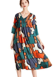 Modern Orange Green Print V Neck Summer Holiday Dress Half Sleeve - SooLinen