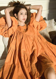 Modern Orange Oversized Patchwork Wrinkled Cotton Mid Dress Lantern Sleeve