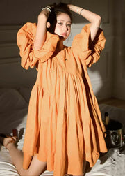 Modern Orange Oversized Patchwork Wrinkled Cotton Mid Dress Lantern Sleeve