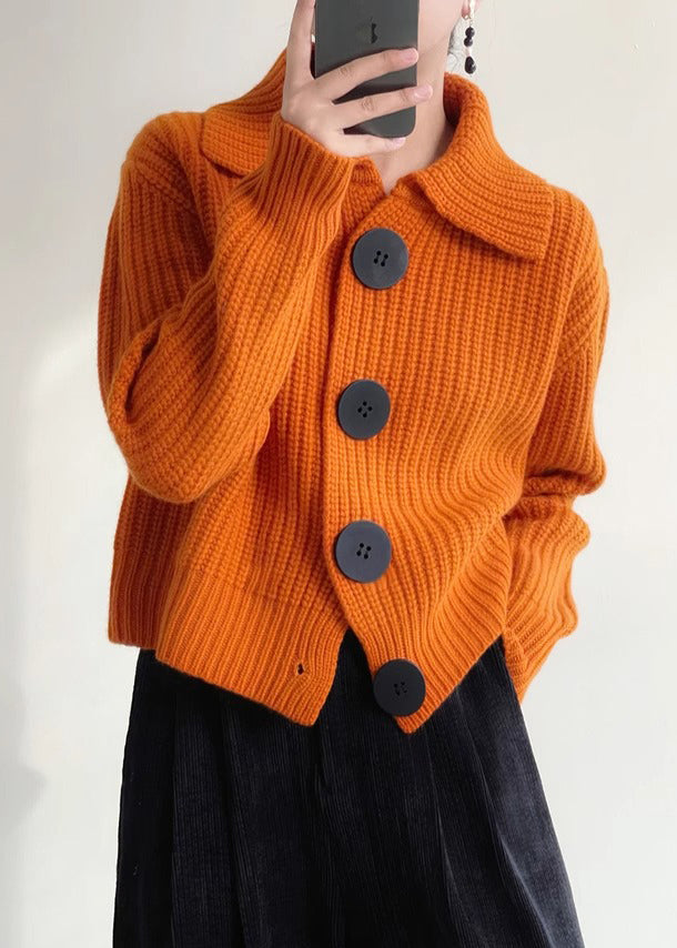 Modern Orange Peter Pan Collar Button Down Knit Cardigan Winter