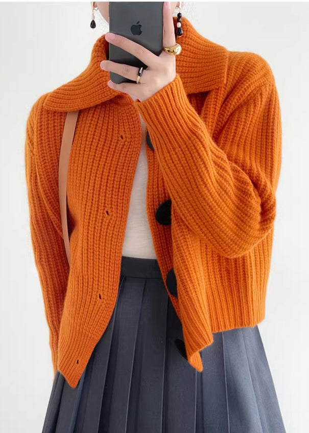 Modern Orange Peter Pan Collar Button Down Knit Cardigan Winter