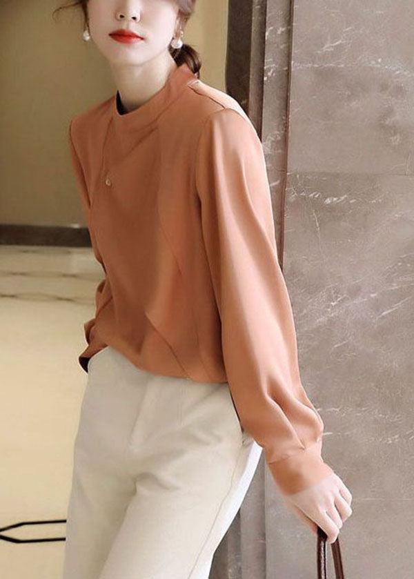 Modern Orange Stand Collar Asymmetrical Chiffon Tops Spring