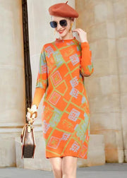 Modern Orange Stand Collar Jacquard Patchwork Woolen Dress Winter