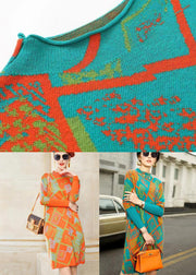 Modern Orange Stand Collar Jacquard Patchwork Woolen Dress Winter