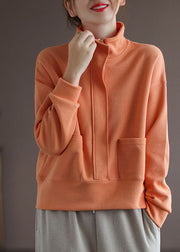 Moderne orangefarbene Stehkragentaschen Reißverschluss-Pullover mit langen Ärmeln