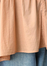 Moderne orangefarbene V-Ausschnitt-Knopf-Patchwork-Rüschen-Herbsthemden mit halben Ärmeln