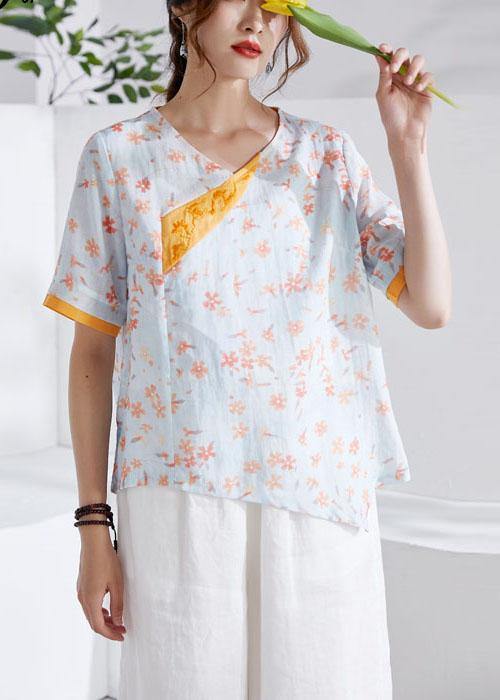 Modern Orange V-Neck Patchwork Print Summer Ramie Top - SooLinen
