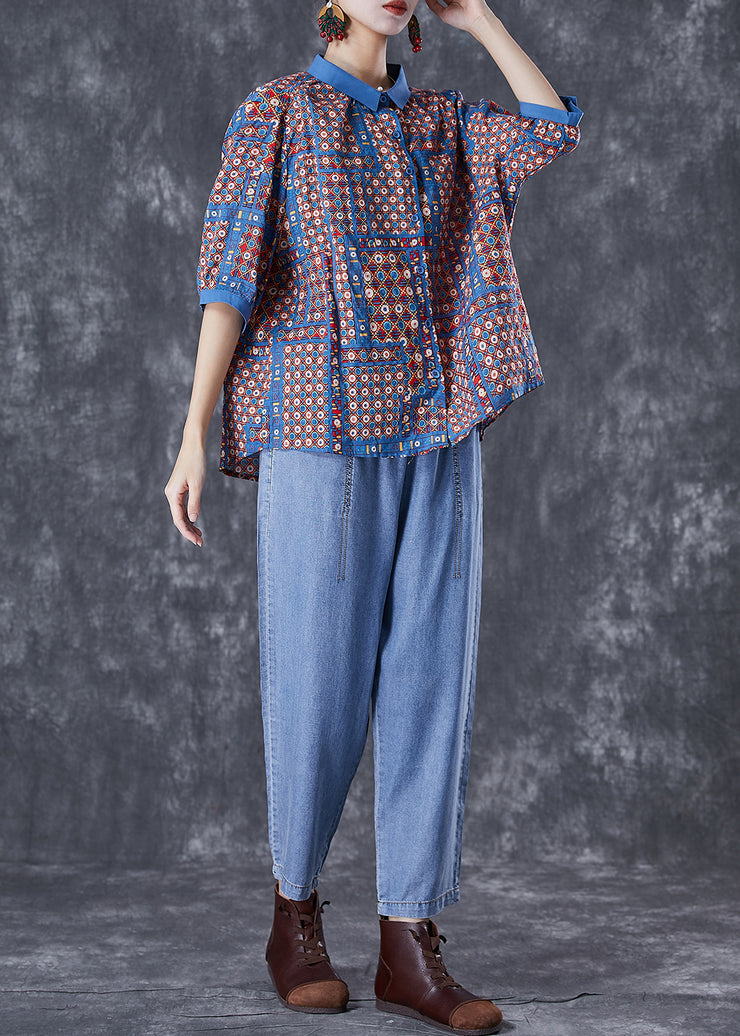 Modern Oversized Print Cotton Shirts And Denim Pants Two Pieces Set Summer