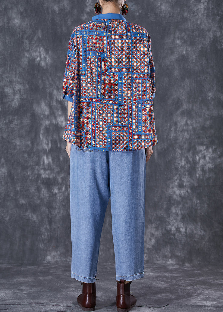 Modern Oversized Print Cotton Shirts And Denim Pants Two Pieces Set Summer