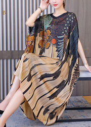 Modern Oversized Print Silk Holiday Dress Batwing Sleeve