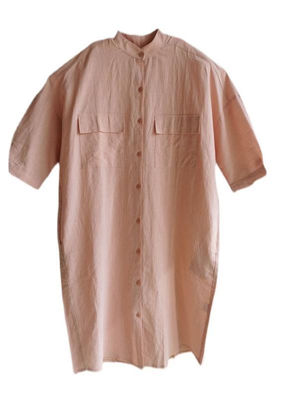 Modern Pink Asymmetrical Design Pockets Button Fall Three Quarter Sleeve Blouse Tops - SooLinen