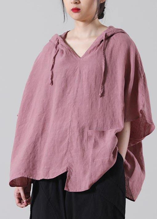 Modern Pink Batwing Sleeve Cotton Linen Summer Top - SooLinen