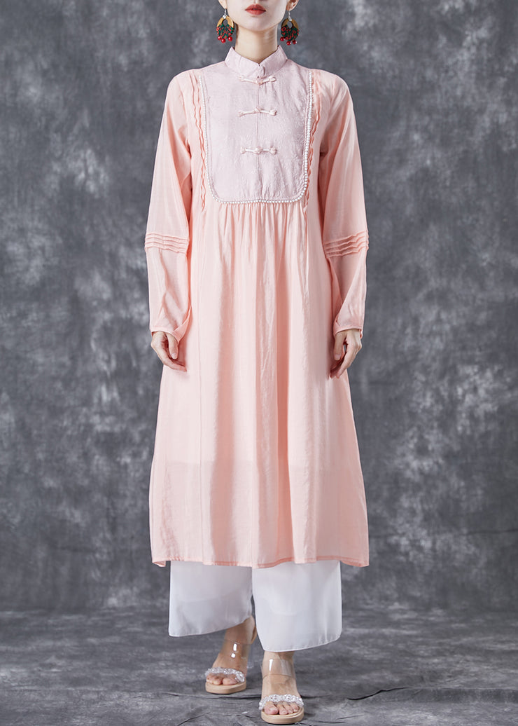 Modern Pink Chinese Button Patchwork Wrinkled Cotton Dress Summer