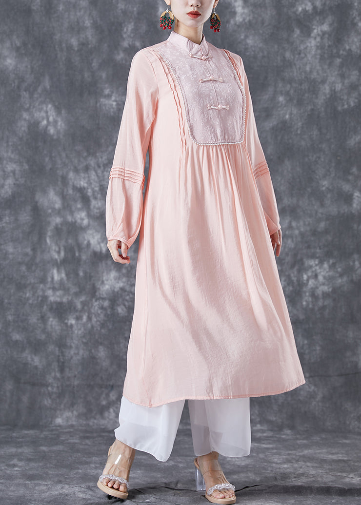 Modern Pink Chinese Button Patchwork Wrinkled Cotton Dress Summer