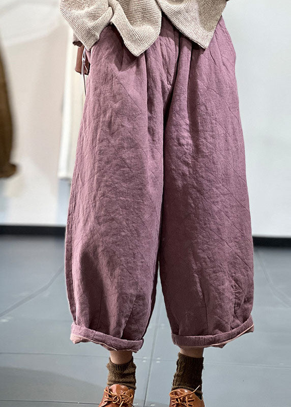 Modern Pink Elastic Waist Pockets Fine Cotton Filled Wide Leg Pants Winter