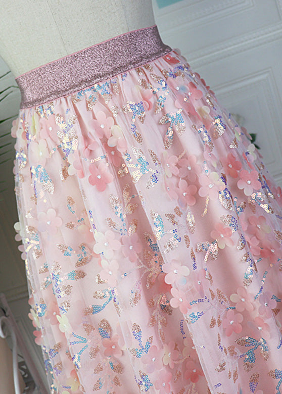 Modern Pink Embroidered Floral High Waist Sequins Tulle Maxi Skirt Spring
