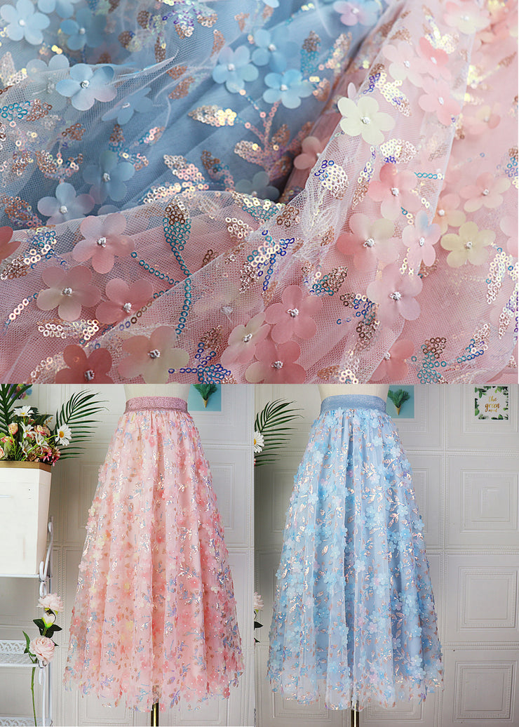 Modern Pink Embroidered Floral High Waist Sequins Tulle Maxi Skirt Spring